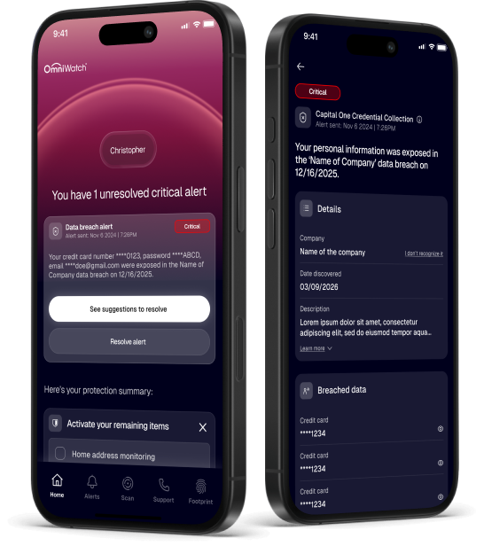 Real-time identity theft alert displayed on the OmniWatch mobile app