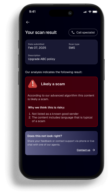 Real-time scam alert displayed on the OmniWatch mobile app